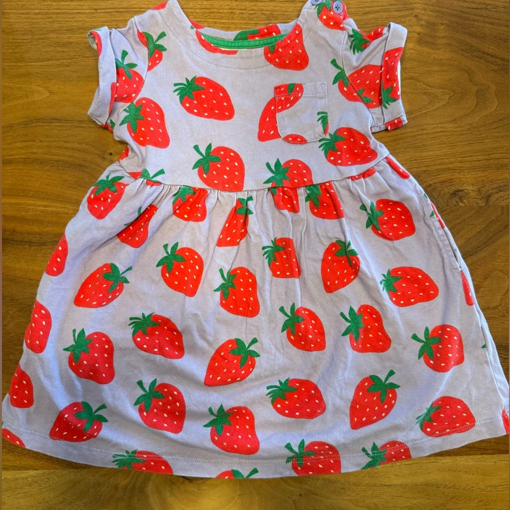 Mini Boden Girls Strawberry Print Dress Cotton, Short Sleeve, Size 2-3yr